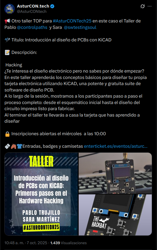 Tuit anunciando el taller de kicad en AsturCON tuit kicad asturcon
