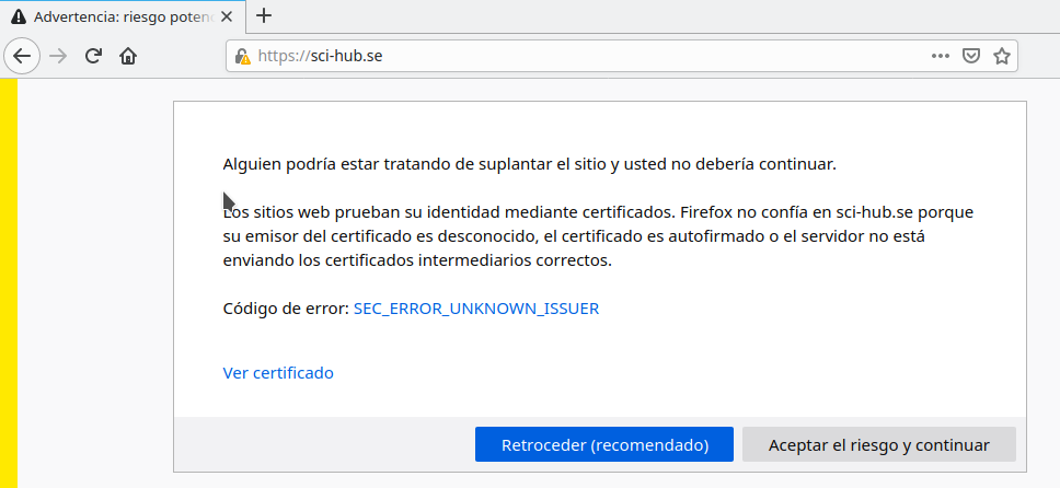 Error de certificado al intentar acceder a Sci-hub